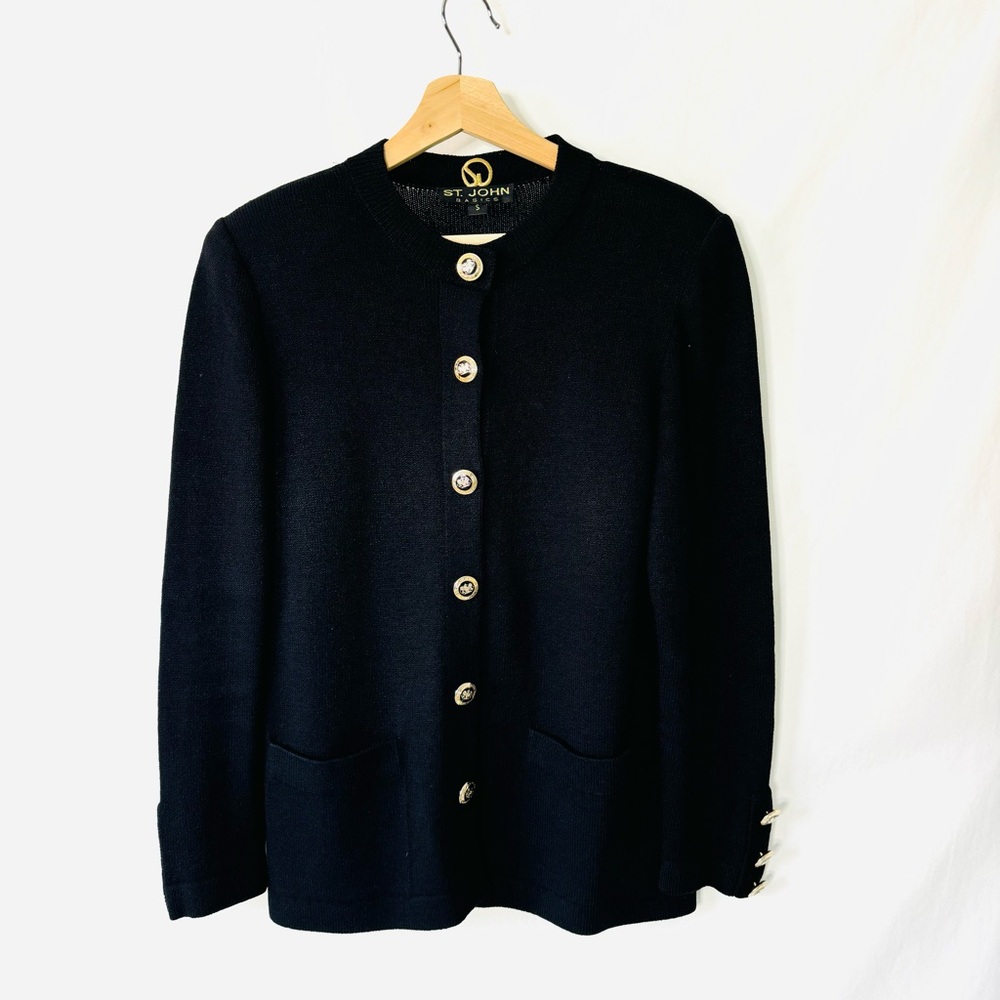 St. John Basics Black Santana Knit Cardigan with Gold Buttons - Picture 3 of 13